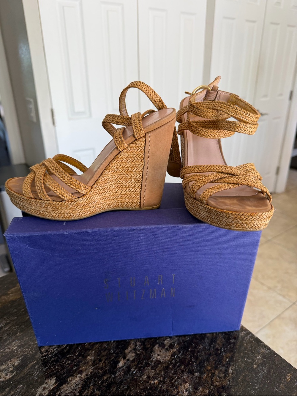 Stuart Weitzman Braided Tan Wedge Sandals - Picture 4 of 8